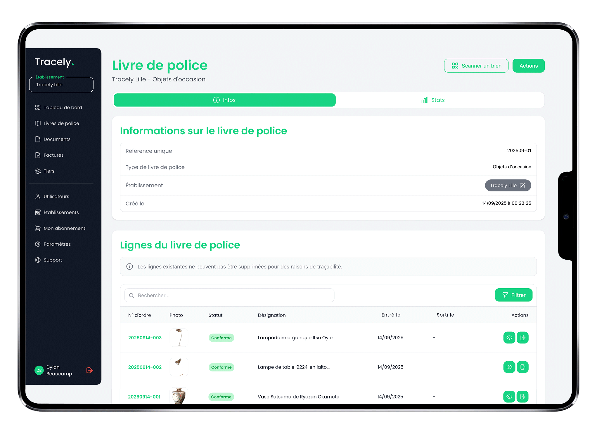 Aperçu de l'application Tracely, une solution de gestion pour les professionnels de la seconde main